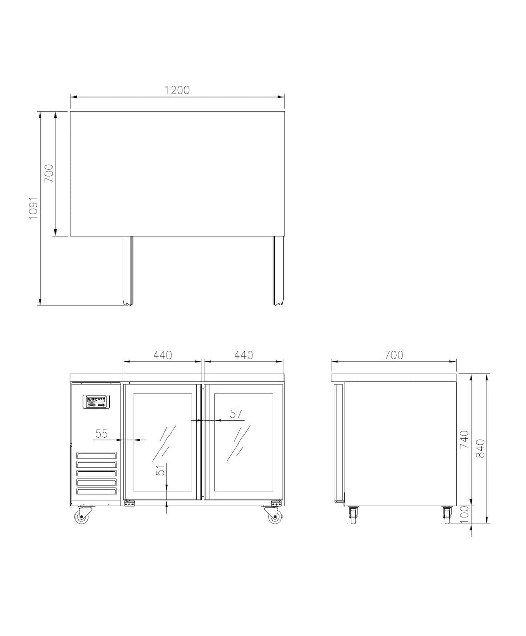 FT-1200RG GLASS DOOR BENCH FRIDGE