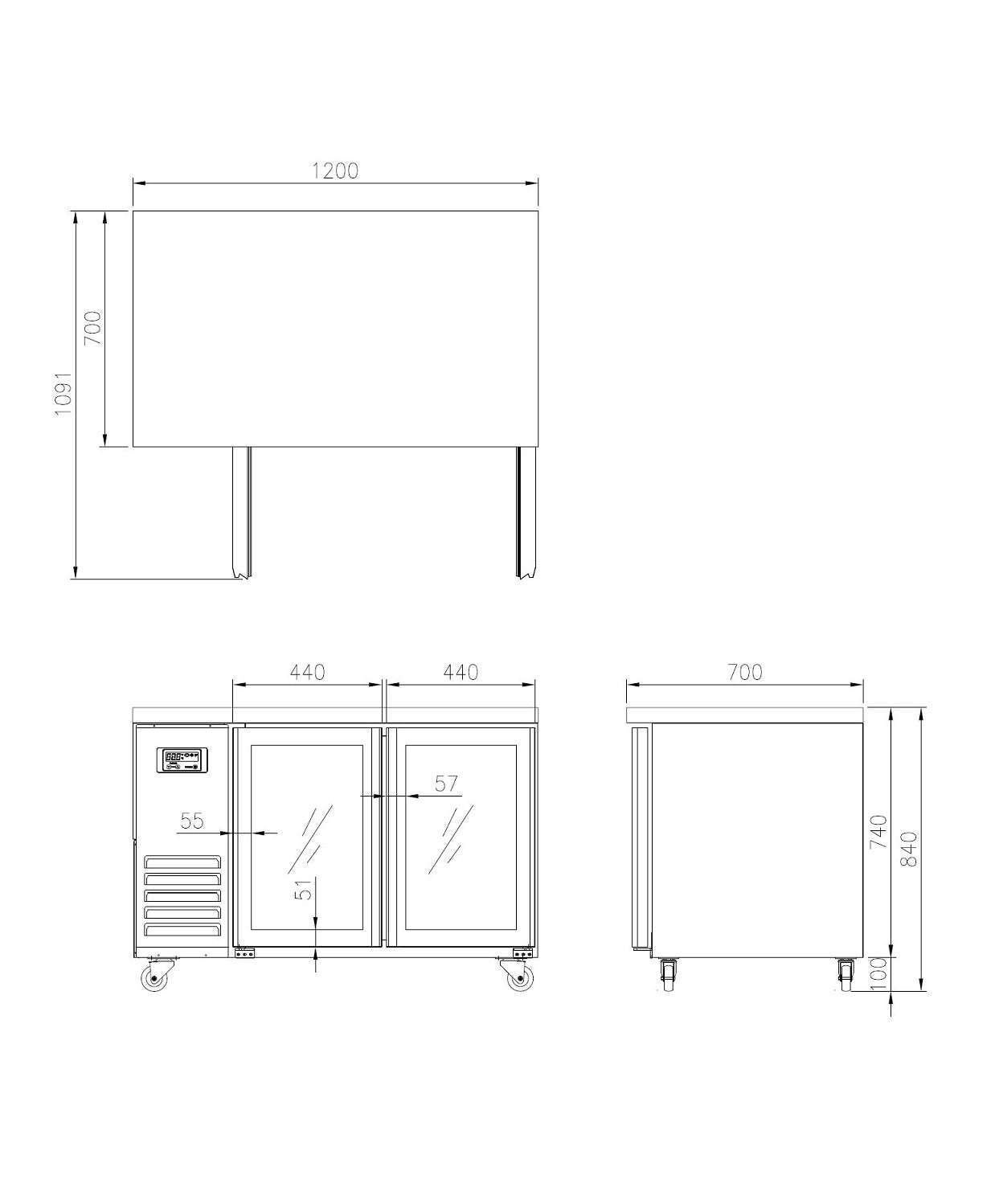 FT-1200RG GLASS DOOR BENCH FRIDGE