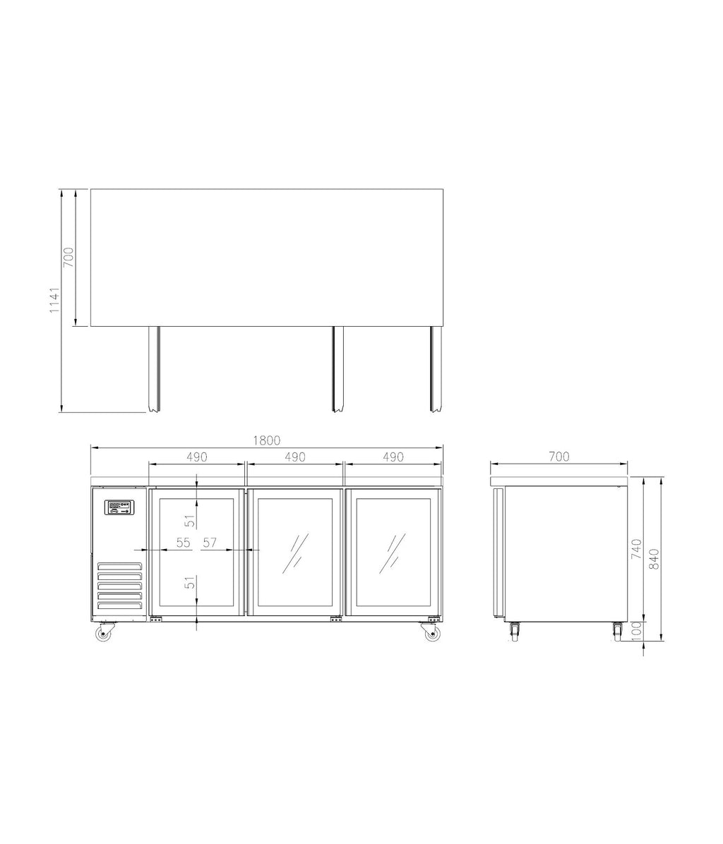 FT-1800RG GLASS DOOR BENCH FRIDGE