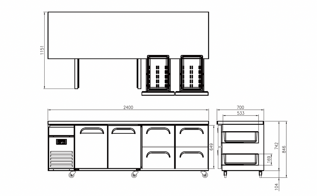 FT-2400R-D4* 2 DOORS AND 4 DRAWERS BENCH FRIDGE