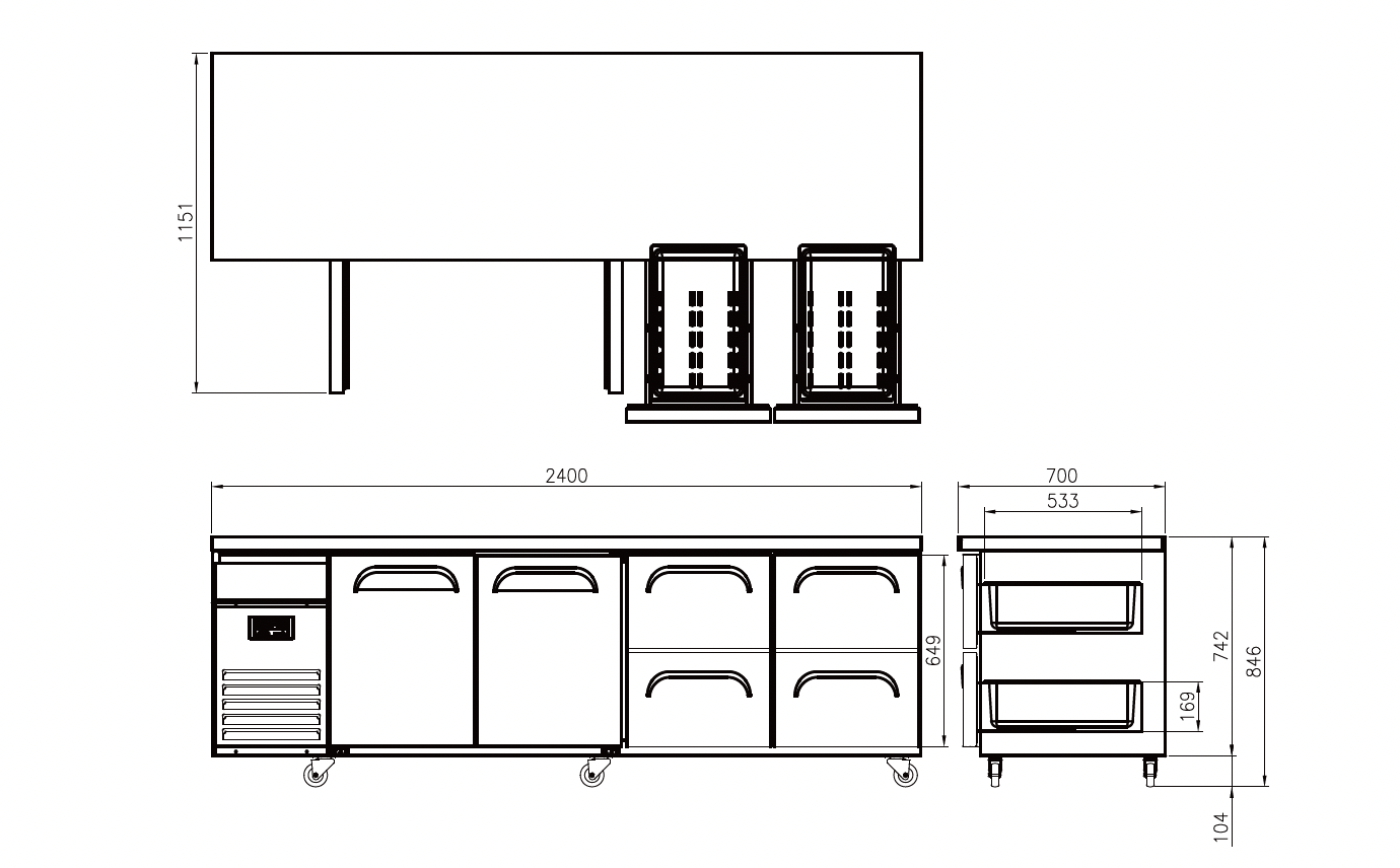 FT-2400R-D4* 2 DOORS AND 4 DRAWERS BENCH FRIDGE